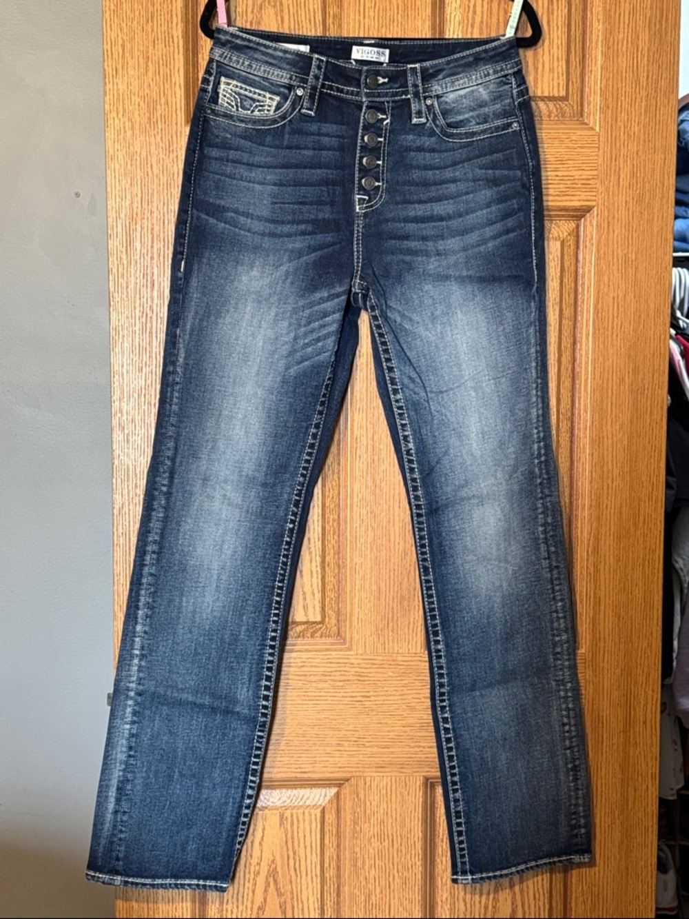 Vigoss Women's Dark Indigo Straight Leg Jeans with Button Fly